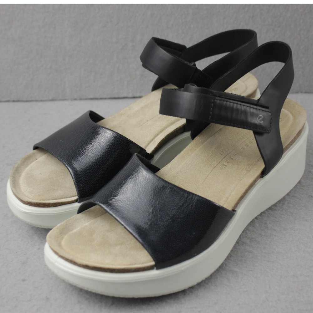 ECCO Flowt Wedge Cork Sandals Women 8-8.5 Black Ankle Strap Comfort Arch Support